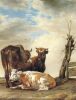 Паулюс Поттер. Две коровы и телец у плетня на лугу