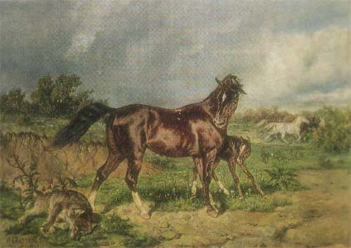 Сверчков Николай Егорович. Кобыла с жеребенком и убитый ею волк. 1892