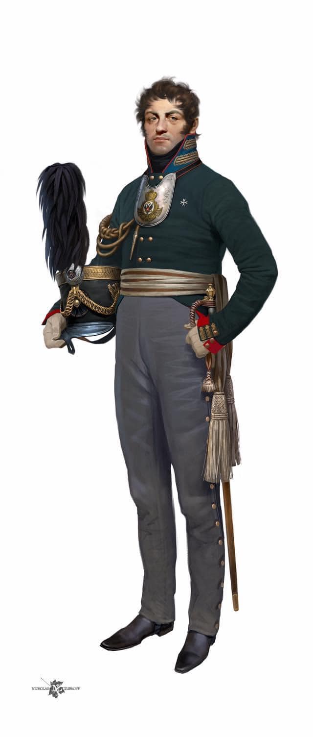 Николай Зубков. Офицер Лейб-гвардии Семёновского полка, 1807 год. Офицер изображён в походном варианте формы с суконной шапкой (кивером) вместо шляпы образца 1803 года. 