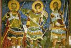 Святые Арефа, Нестор (?) и Никита. Фреска. Сербия. Монастырь Манасия. 15 век