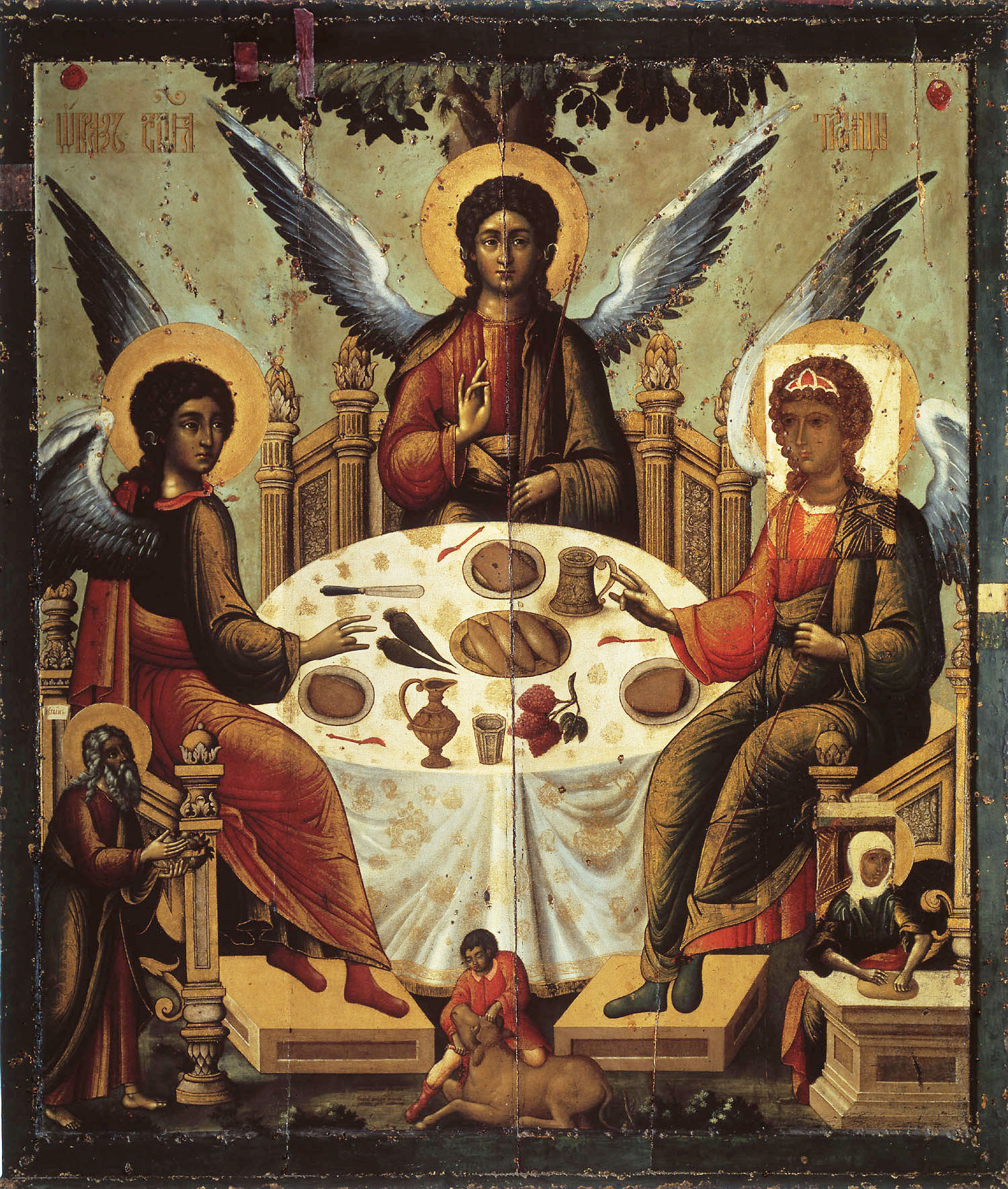 Святая Троица. Икона середины 14 века Успенского собора Московского Кремля. Была полностью поновлена Тихоном Филатьевым в 1700