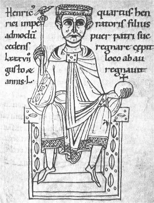 Император Генрих IV. Миниатюра из "Всемирной хроники" Эккехарда из Ауры. 1113-1114