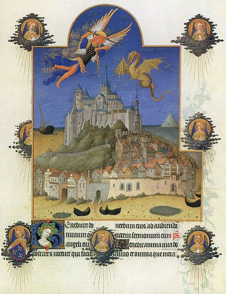 Великолепный часослов герцога Беррийского. Битва Архангела Михаила с драконом над аббатством Мон-Сен-Мишель