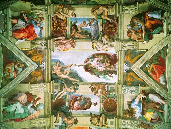 Микеланджело. Сотворение Адама. Фреска потолка Сикстинской капеллы 