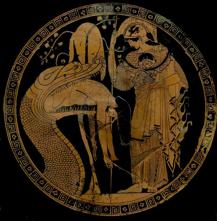 Дурис. Тондо килика: Афина, Ясон, и дракон, охраняющий золотое руно. Около 490 года до н.э. Рим, Ватиканские музеи. 