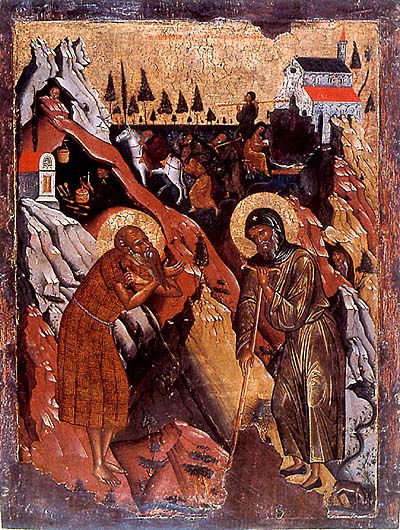 Икона святых преподобных Антония Великого и Павла Препростого. 16 век 