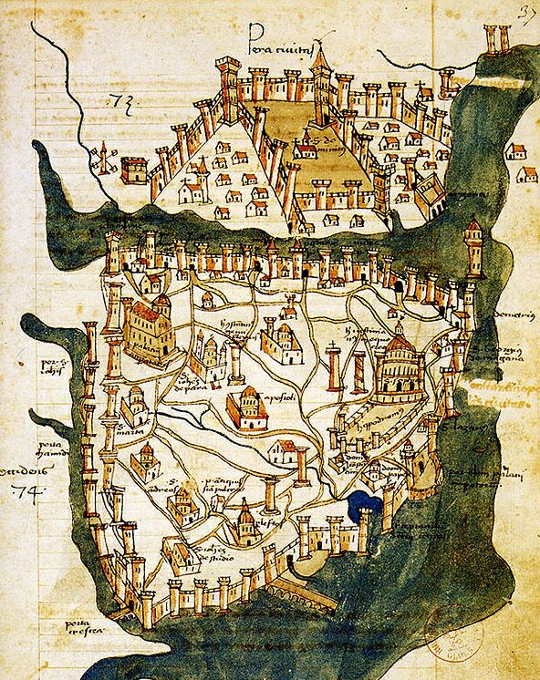 Кристофоро Буондельмонти. План Константинополя. Из книги " Liber insularum Archipelagi ", 1422. Самая старая из сохранившихся карт города и единственная, сделанная до османского завоевания. 