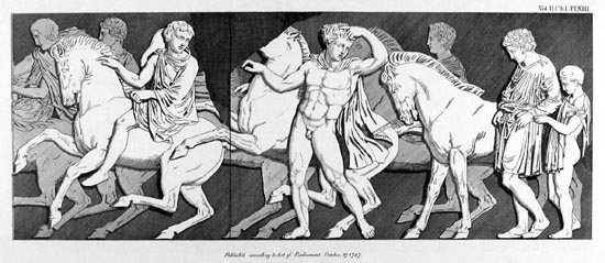 Джеймс Стюарт. Фрагмент зофорного фриза Парфенона. Панафийское шествие. Всадники. "The Antiquity of Athens", Лондон, 1762