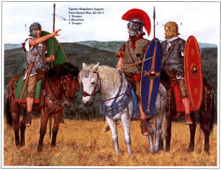 Всадники Императорской конной гвардии (первая дакийская война, 101-102 гг. н.э.): 1, 3 - кавалеристы, 2 - декурион.
