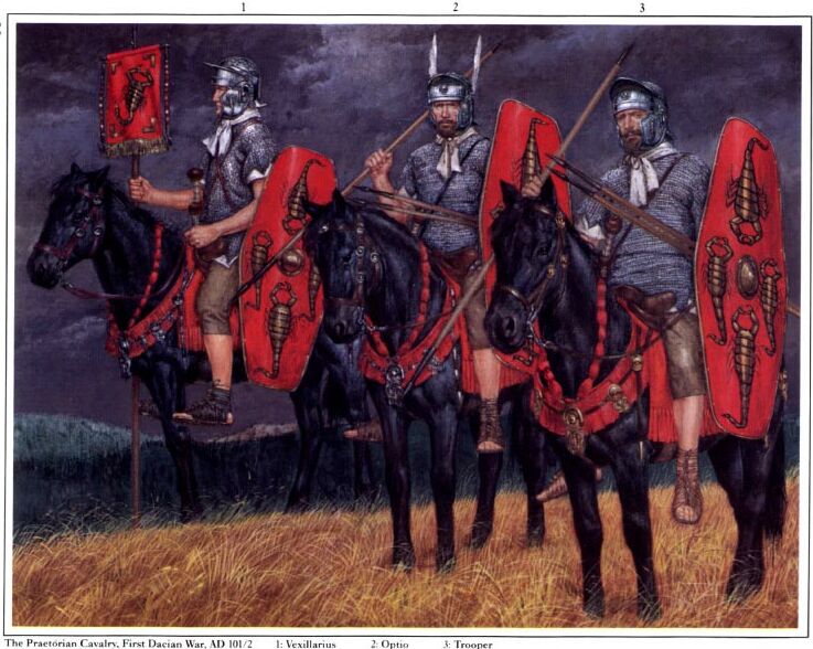 Преторианская кавалерия (первая дакийская война, 101-102 гг. н.э.): 1 - вексиларий; 2 - опций; 3 - кавалерист.