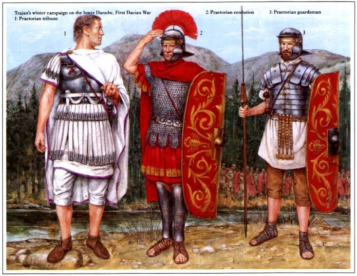 Зимняя кампания Траяна на Нижнем Дунае (первая дакийская война): 1 - трибун преторианской гвардии; 2 - центурион; 3 - преторианский гвардеец.