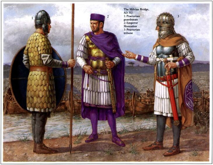 Милвиев мост (312 г. н.э.): 1 - преторианский гвардеец; 2 - император Максентий; 3 - трибун преторианской гвардии. 