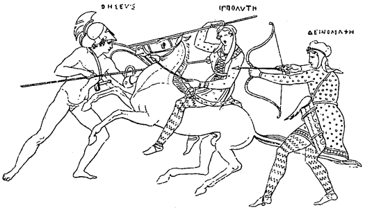 Тесей и амазонки Ипполита и Диномаха . Рисунок на греческой вазе 