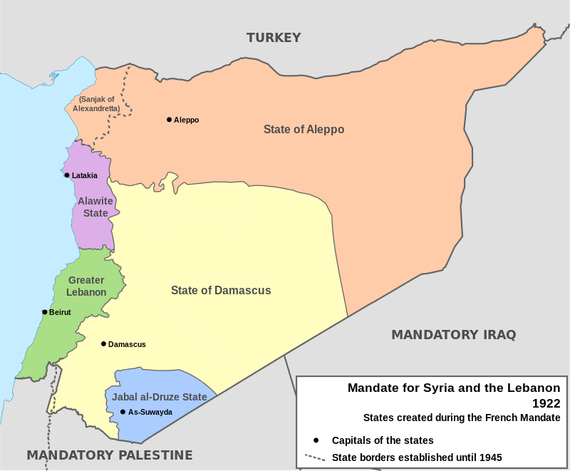 Карта государств, возникших на территории Сирии и Ливана во время Французского Мандата. Ситуация 1922 года. 