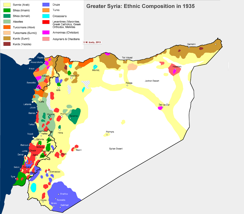 Карта расселения этно-релегиозных групп в Сирии, ситуация 1935 года. 