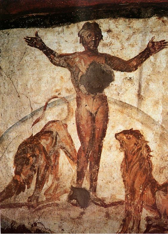 Пророк Даниил во рву львином. Фреска из древнехристианских катакомб.