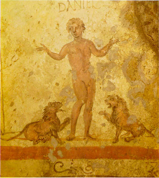 Пророк Даниил во рву львином. Фреска из катакомб святых Марцеллина и Петра в Риме 