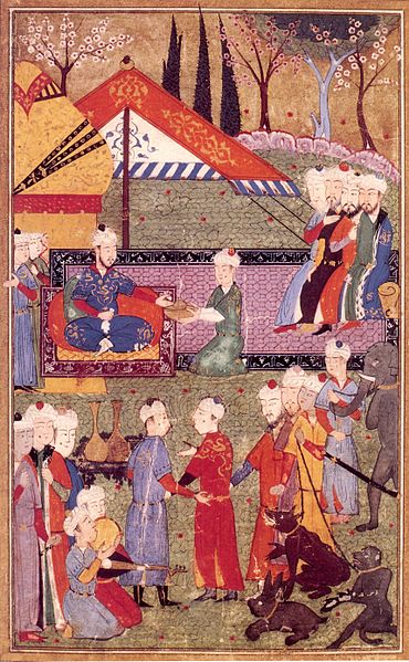 Разные укрощённые животные, в том числе - псоглавец, на персидской иллюстрации поэмы об Искандаре (Александре Македонском) 