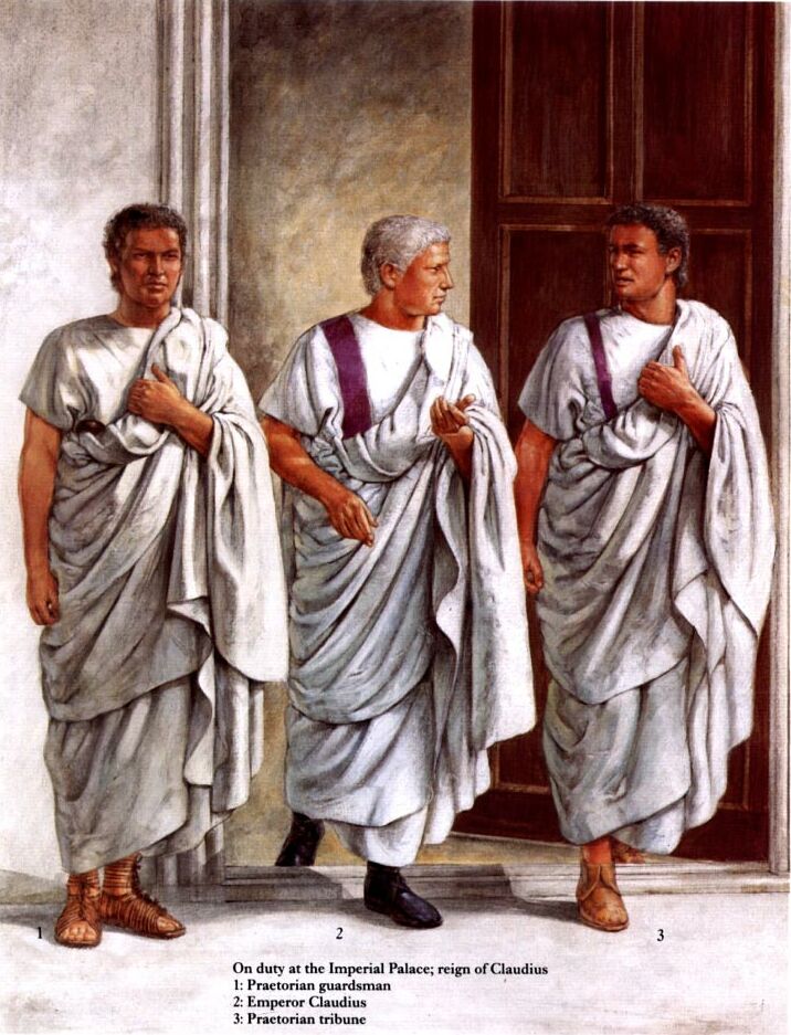 В Императорском дворце (правление Клавдия): 1 - преторианский гвардеец; 2 - император Клавдий; 3 - трибун преторианской гвардии. 
