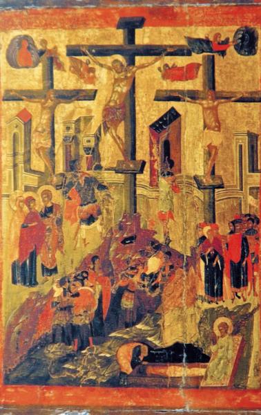 Икона Распятия Христа из Успенского собора Московского Кремля. Внизу - ангел у гроба. 15 век 