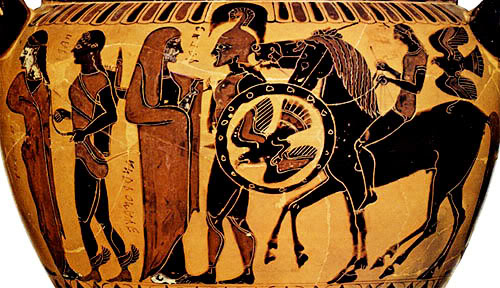 Елена, Парис, Андромаха, Гектор и Кебрион (сын Приама). Рисунок на чернофигурном сосуде, 6 в. до н.э.