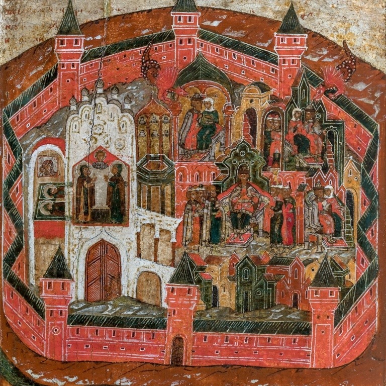 Город Муром на иконе со сценгами жития святых Петра и Февронии Муромских.
