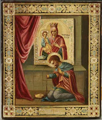 Святой Иоанн Дамаскин перед иконой Троеручица. Русская икона 19 века 