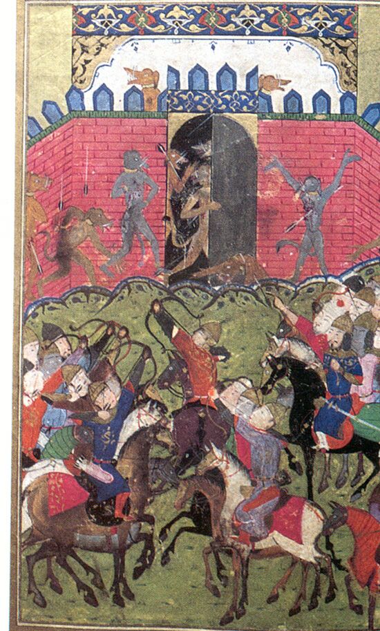 Битва Искандара с псоглавцами. Индо-персидская (?) миниатюра XVI-XVII вв 