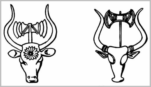 Изображения быка с топором (лабрисом) между рогами (прорисовки из раскопок в Микенах и Кноссе) 