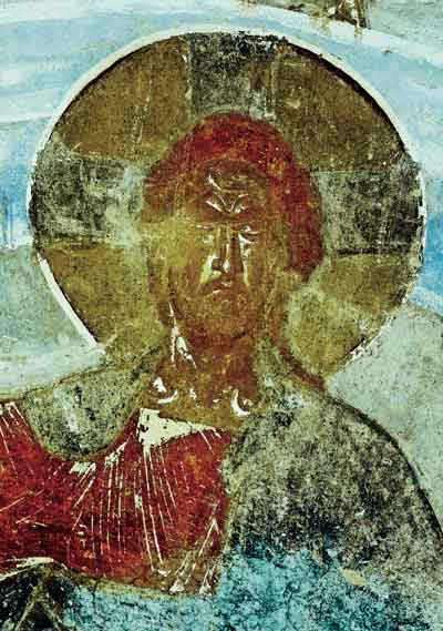 Лик Исуса Христа из «Вознесения». XII век. Фреска купола церкви святого Георгия в Старой Ладоге. Фото В.Сарабьянова 