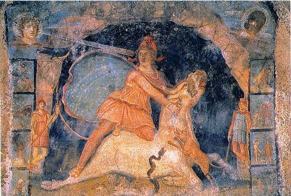 Митра убивающий быка. Роспись Митриума Барберини в Риме. Конец 2 века 