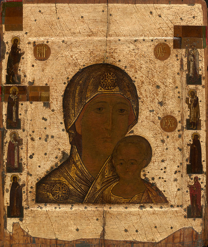 Петровская икона Пресвятой Богородицы с избранными святыми. Греческий мастер работавший в Москве. ~1600, 32 x 27.5 см. 