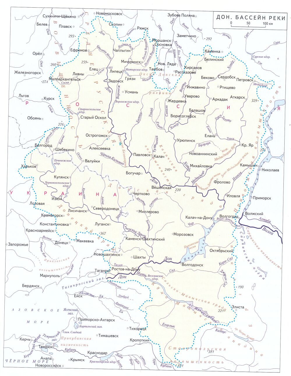 Карта реки Дон с притоками, бассейн Дона 