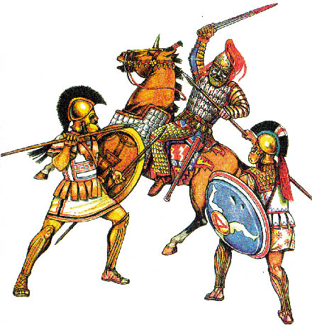 Бой скифского всадника с двумя гоплитами. Из книги "Греция, Македония, Иран. V-IV век до нашей эры" 