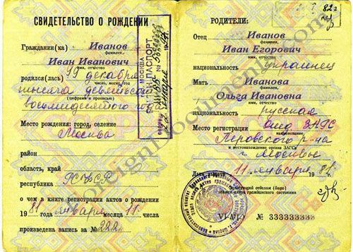 Свидетельство о рождении, 1960-е годы, СССР, образец. 