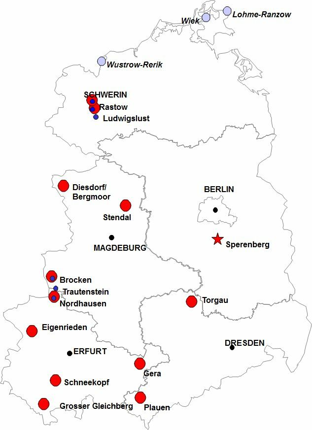 Расположение постоянных РТР постов СА на территории ГДР в конце 1980-х годов по оценке немецких источников. 253 ОРТП принадлежали позиции в Нордхаузене, Плауэне и на горе Гроссер-Гляйхберг (Ремхильд). По материалам Интернета. 