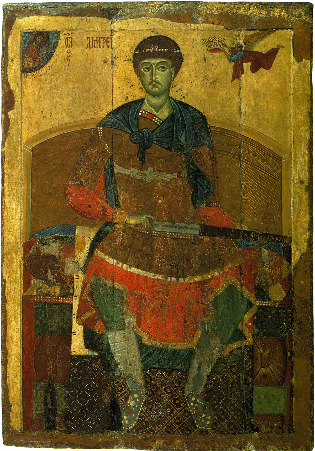 Saint Demetrius of Thessalonica. The Vladimir-Suzdal school icon from Assumption Cathedral in Dmitrov. Late XII century. State Tretyakov Gallery