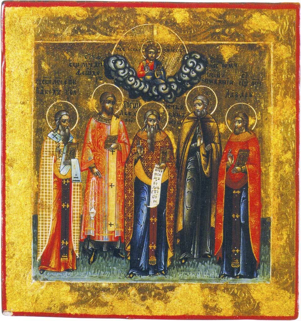 Guslitsa icon of 5 Old Believers saints: Hieromartyr Paul of Kolomna, Hieromartyr Diacone Feodor, Protopope Avvakum, Venerable-martyr Epiphanius and Hieromartyr Lazar. Late XIX century. Pokrov (Intercession) Cathedral on Rogozhskoe Cemetery in Moscow. 