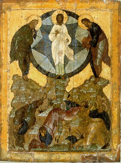 Icons of Saint John the Evangelist. Transfiguration. The temple icon of Church Spasa na Boru (Of Our Savior in the Woods) in Moscow Kremlin. 1490 