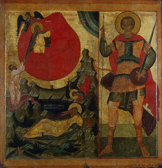Northern paintings. Icons of Russian North. Icon with the Ascension of the Prophet Elias and Saint Demetrius of Thessalonica from Pokrov Church (Lyadiny pogost, Kargopol district, Archangel region). Middle XVI century. State Hermitage Museum