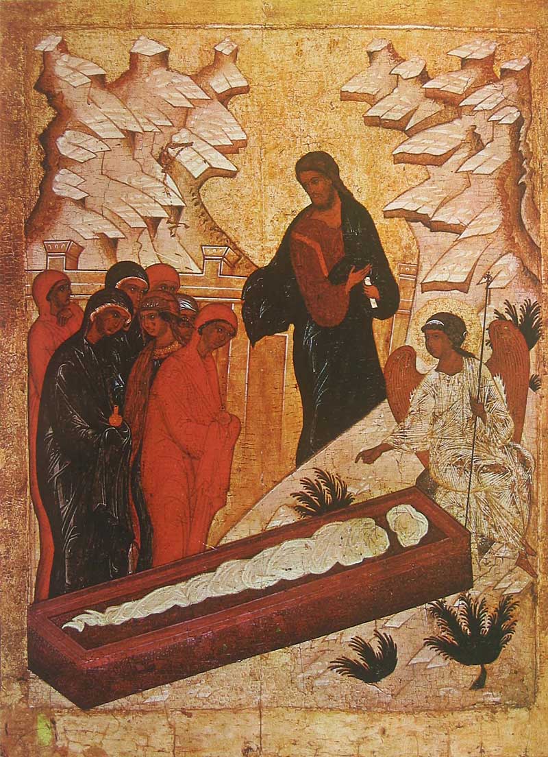 The Holy Women at the Sepulchre. The Novgorod icon from Feasts Range of the iconostasis of The Church of Assumption on Volotovo Field (Uspenie na Volotovom Pole). c. 1475. State Tretyakov Gallery 