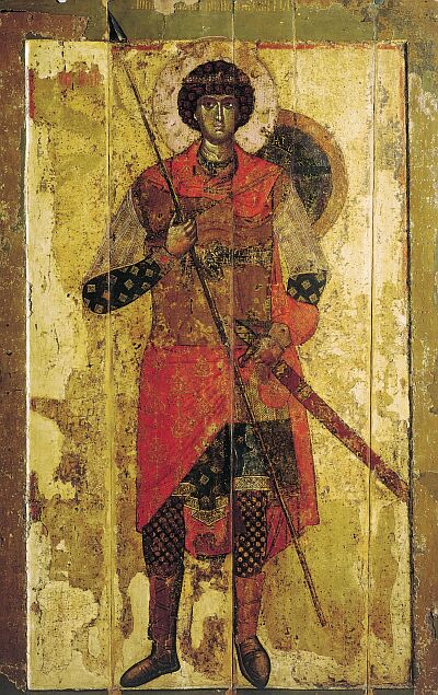 Novgorod icons. Saint George. Temple icon of Saint-George Cathedral in Yuryev monastery near Novgorod. 1130–1140-s. State Tretyakov Gallery 
