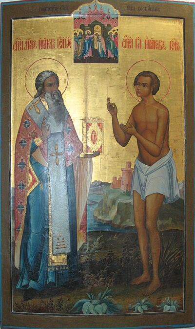 Saints James the Brother of the Lord (James the Just) and Iakov Borovichskiy (James of Borovichi). Palekh icon. Late XIX century 