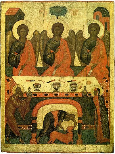 Icons of the Holy Trinity. The Hospitality of Abraham (Old Testament Trinity). Pskov icon. Late XV —early XVI centuries. State Tretyakov Gallery