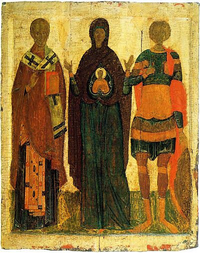 Theotokos Great Panagia with saints Nicholas and George. The Pskov icon from Church of Reserection in Rakuly village in Archangel region. Late XV. State Tretyakov Gallery
