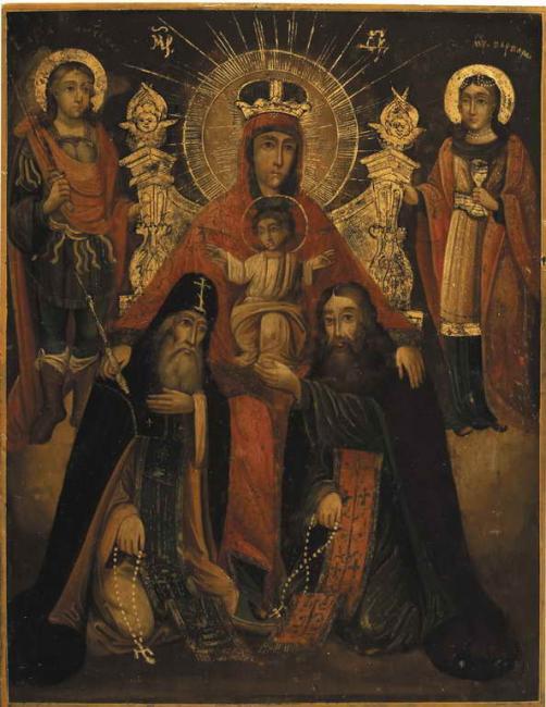 Theotokos Pecherskaya with saints George, Antony, Theodosius and Barbara. Kievschina (Middle Ukraine). Middle XIX sentury.