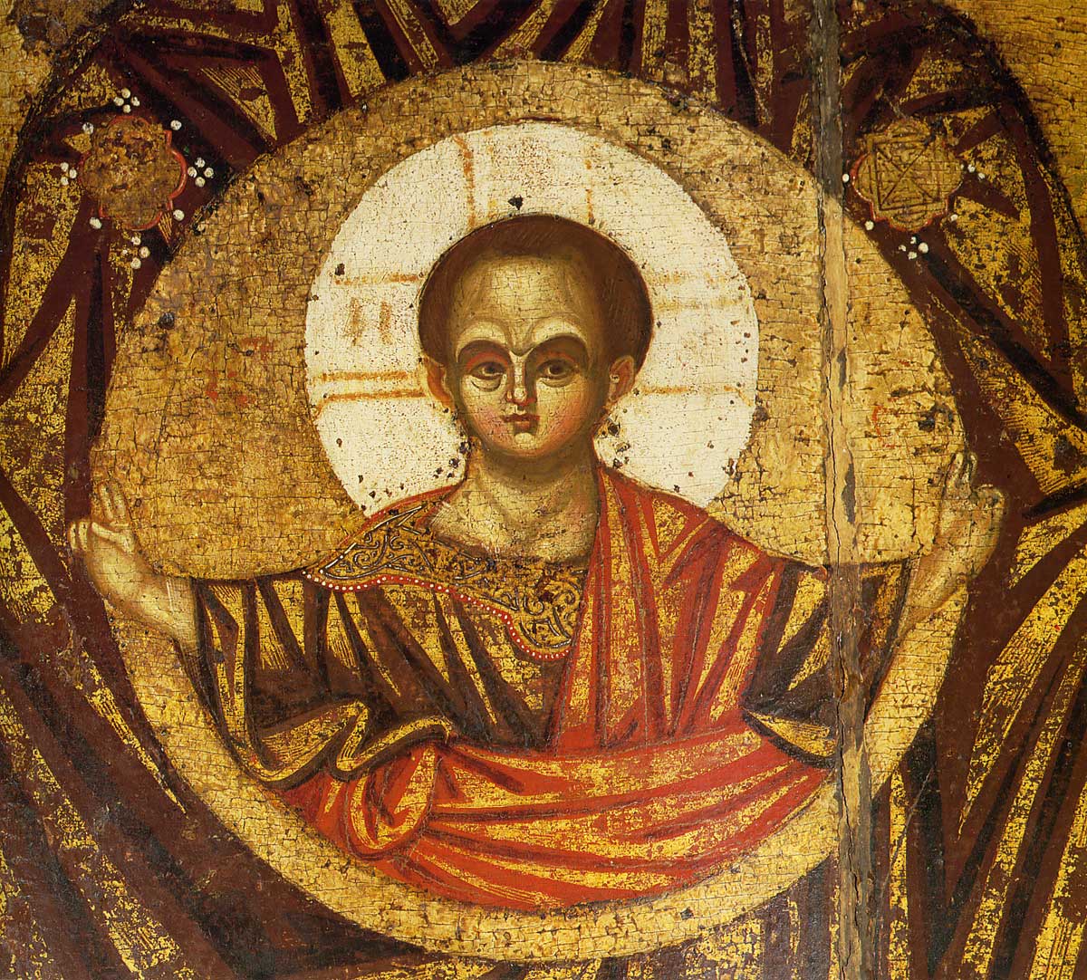 Christ Emmanuel. Theotokos - Great Panagia. The icon from Spas-Transfiguration Cathedral of the Spas-Transfiguration Monastery in Yaroslavl. XII or the first third of the XIII century.