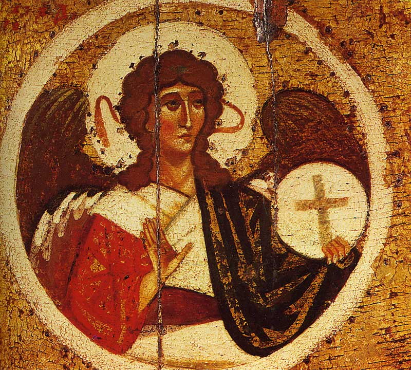 Archangel Michael. Theotokos - Great Panagia. The icon from Spas-Transfiguration Cathedral of the Spas-Transfiguration Monastery in Yaroslavl. XII or the first third of the XIII century.