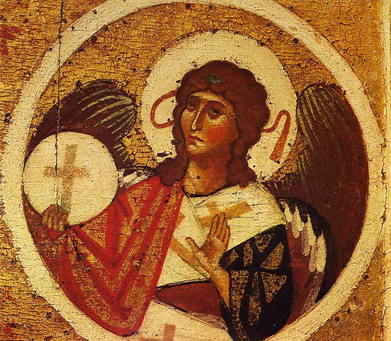 Archangel Gabriel. Theotokos - Great Panagia. The icon from Spas-Transfiguration Cathedral of the Spas-Transfiguration Monastery in Yaroslavl. XII or the first third of the XIII century.