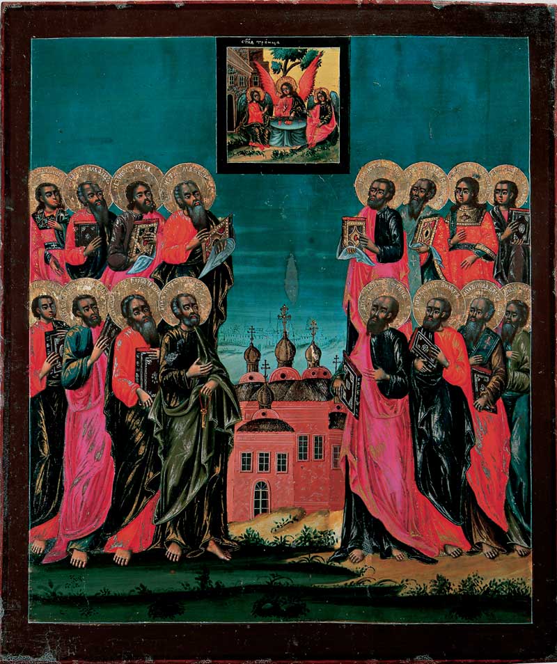 The Synaxis of the Twelve Apostles and the Holy Trinity. Icon from Petrovskoe (Rybinsk uyezd). Second half of XVIII century. Rybinsk Museum-Preserve